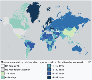 Read more about the article Weltkarte der Urlaubstage – Kaum Urlaubstage hat man in China, Laos und Thailand. Auch Kanada geizt damit. In Skandinavien, Großbritannien, Frankreich, Österreich, Ukraine, Georgien, Syrien und Jemen hat man bis zu 28 Tage Urlaub