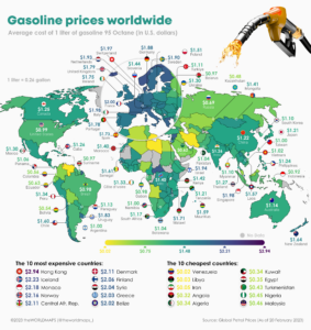 Read more about the article Weltkarte zeigt weltweite Benzinpreise – 1.88 Dollar in Deutschland, 1.93 in den Niederlanden, 2.00 Dollar in Frankreich, 1.30 für die Ukraine, 0.69 für Russland, 1.22 China, 1.14 Australien, 2.23 Island, 2.94 Hong Kong, Libyen 3 Cent, Iran 5 Cent
