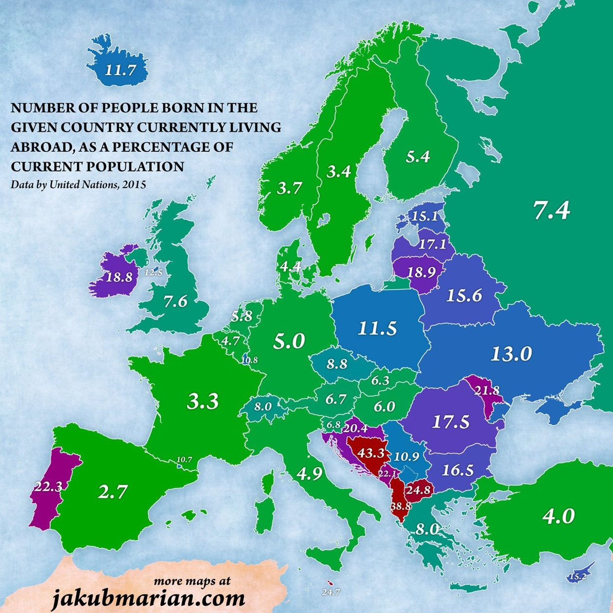 Read more about the article Europakarte zeigt wieviel Menschen eines Landes im Ausland leben – 5% der Deutschen leben im Ausland. Irland liegt bei 18.8%, Frankreich 3.3%, Bosnien-Herzegowina 43.3% und Albanien bei 38.8% aller Menschen des Landes.