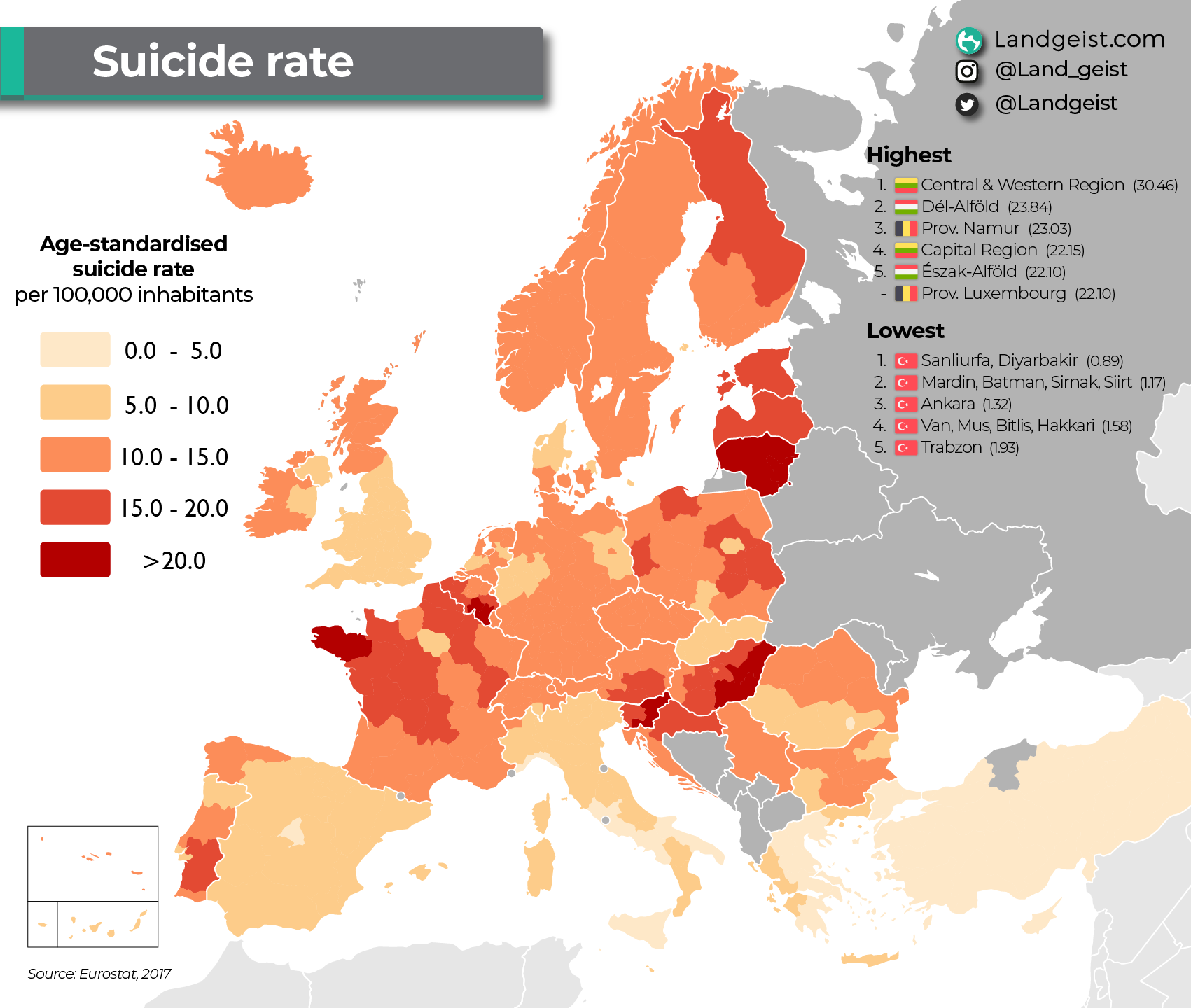 Read more about the article Europakarte zeigt die Selbstmordrate je Region an – Litauen, Namur (Belgien), Bretagne (Frankreich), das südliche Ungarn und die belgische Provinz Luxemburg haben die höchste Selbstmordrate.