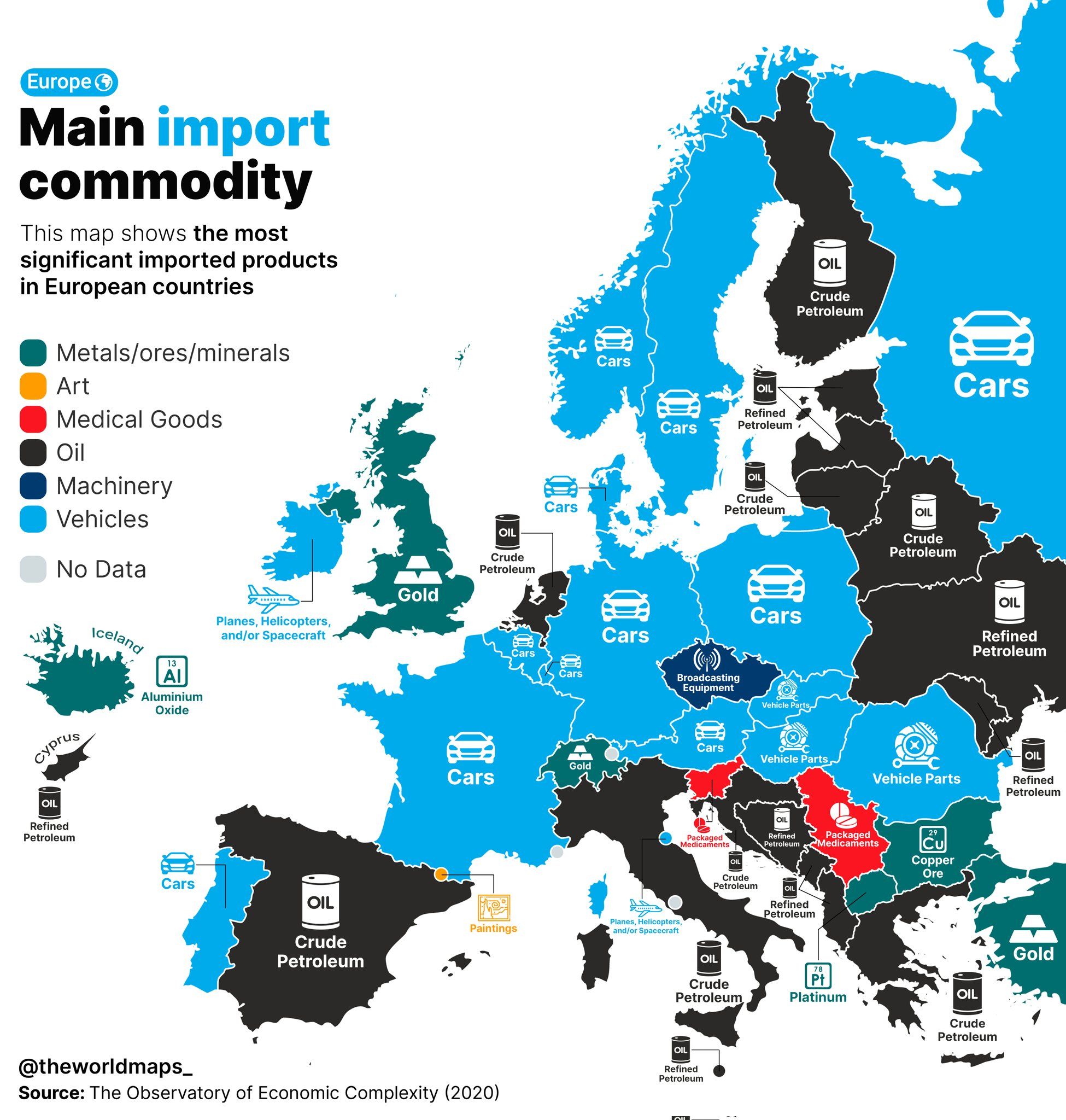 Read more about the article Europakarte zeigt welches Land welche Ware am meisten im- und exportiert. – In Deutschland geht und kommen Autos in Massen.