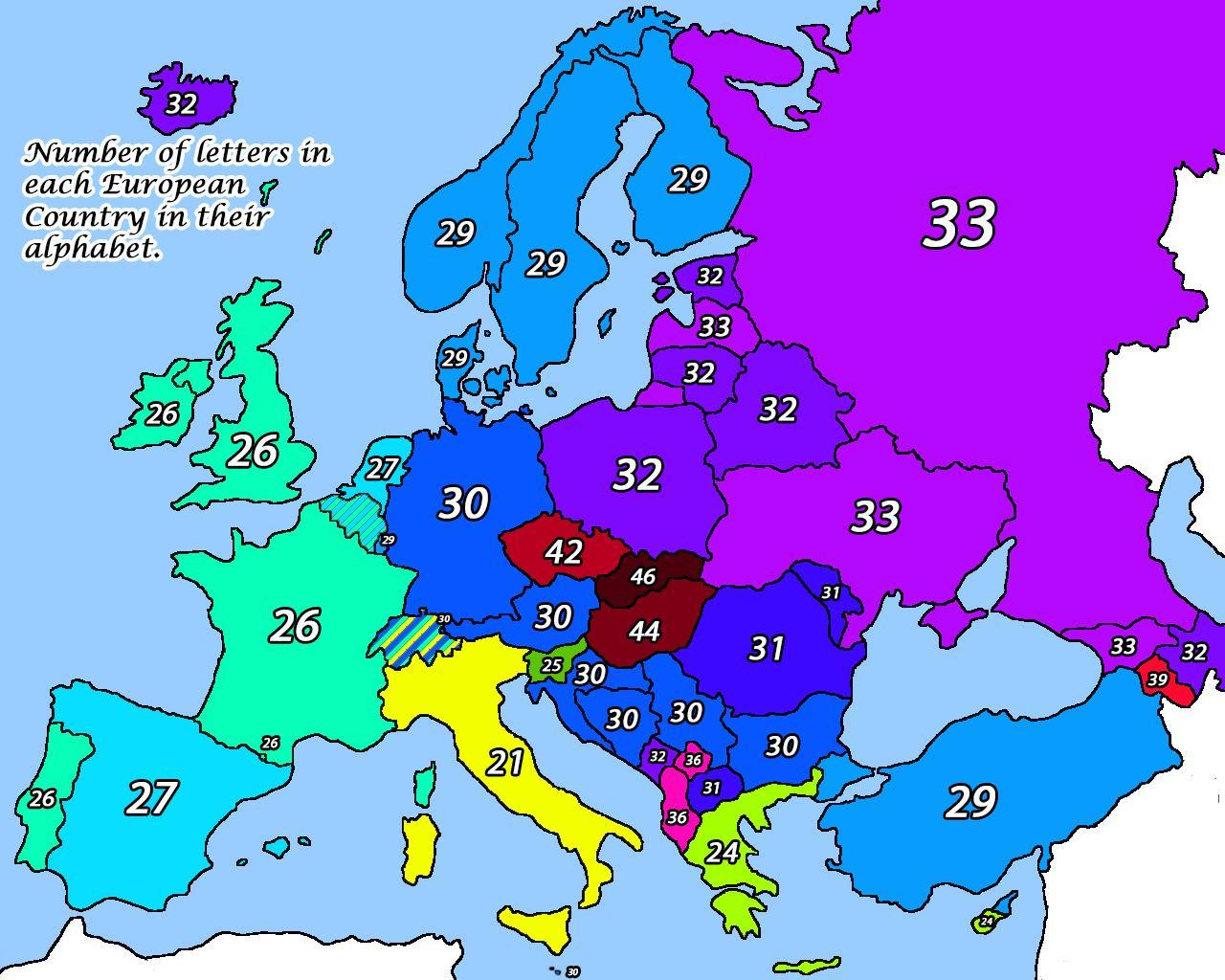 Read more about the article Europakarte zeigt das jedes Land in Europa ein anderes Alphabet hat. Deutschland hat 30 Buchstaben und jeder weiß das nicht alles berücksichtigt wir (äöüß fehlen), Frankreich (26), Niederlande (27), Italien (21!), Ungarn (44) und Slowakei sogar 46 Buchstaben. Wer es braucht?