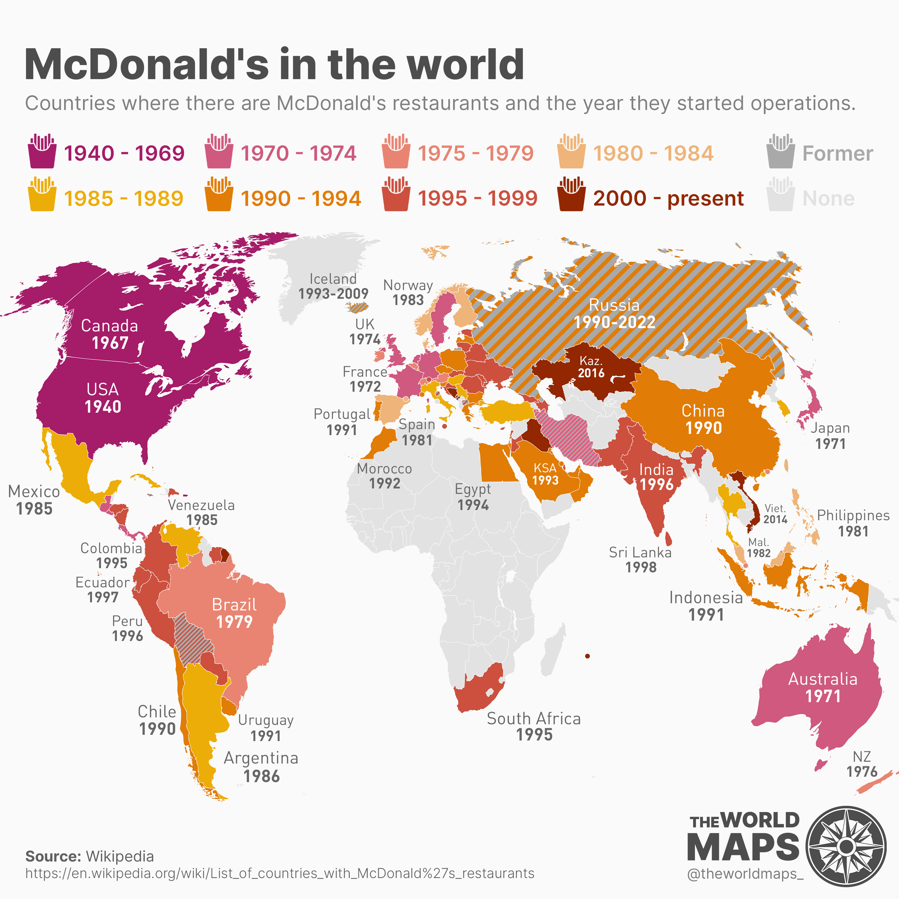 Read more about the article McDonalds in der Welt? In Afrika unbekannt. Kerngebiet ist USA und Kanada – Viele Länder kamen erst in den 70er und 90er Jahren dazu. Kasachstan erst 2016, Vietnam 2014, Irak und Französisch Guyana auch erst seit wenigen Jahren.