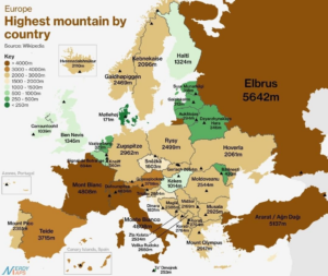 Read more about the article Europakarte zeigt die höchsten Berge eines Landes – Elrus in Russland gewinnt mit 5.642 Metern. Der Mont Blanc in Frankreich / Italien folgt als drittes vor dem Ararat in der Türkei. Dänemarks höchster Berg ist dagegen 171 Meter hoch.