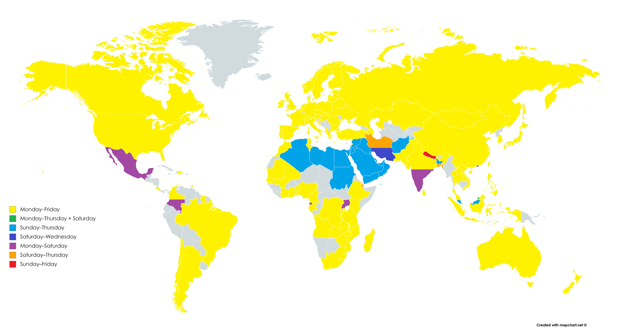 Read more about the article Weltkarte zeigt die Standardarbeitstage eines Landes – Von Montag bis Freitag dominiert. In Lateinamerika sogar bis Samstag, in arabischen Ländern von Samstag bis Donnerstag.