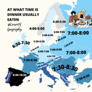 Read more about the article Europakarte zeigt ab wie viel Uhr Abendessen in einem Land ist – In Schweden ab 17 Uhr, in Deutschland auch recht früh um 18-19 Uhr. In Italien ab 20 Uhr und in Spanien sogar ab 21h30. Schlägt so spät nicht auf den Magen?