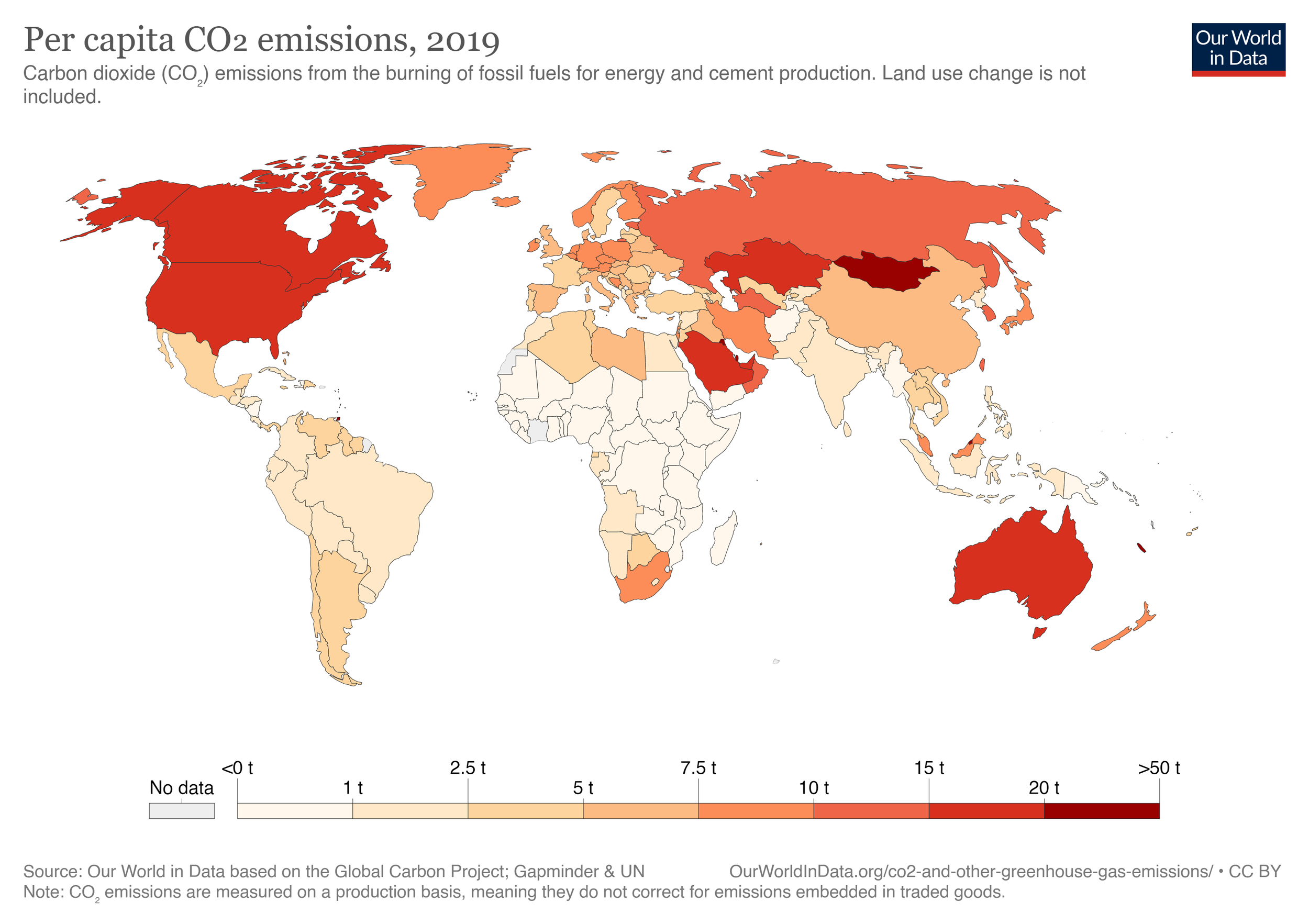 Read more about the article Weltkarte der CO2 Emissionen pro Kopf (2019) – USA, Kanada, Australien und Saudi-Arabien belasten massiv die Umwelt. Vor allen auch die Mongolei. Russland und Estland in Europa negativ.
