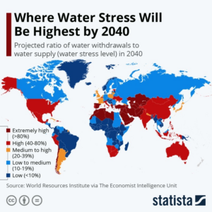 Read more about the article Weltkarte der Wasserknappheit im Jahr 2040 zeigt gravierend wenig Trinkwasser in Südeuropa und diversen arabischen und muslimischen Ländern. Es folgen Länder wie China, Indien und USA.