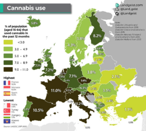 Read more about the article Europakarte zeigt Cannabiskonsum in den einzelnen Europäischen Ländern in den letzten 12 Monaten. – 7.1% der Deutschen konsumierten einmal Gras. In Südeuropa und in den Niederlanden wird mehr gequalmt. – Osteuropa mit sehr niedrigen Werten.