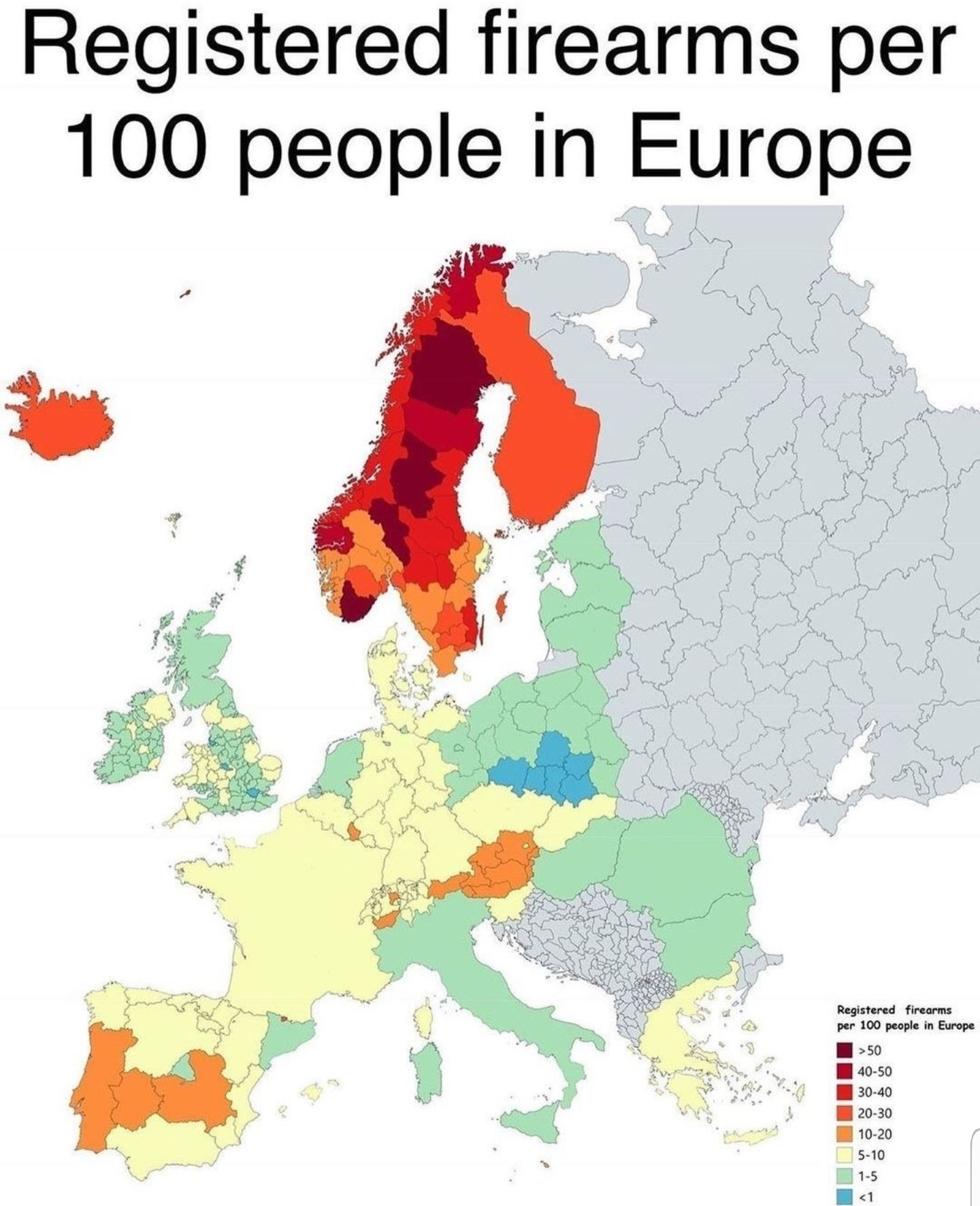 Read more about the article Europakarte zeigt wie viele Menschen eine Schusswaffe tragen. – In Skandinavien hab flächendeckend weit mehr als 20 von 100 Menschen eine Waffe. Österreich, Spanien und Luxemburg mit hohen Wert.