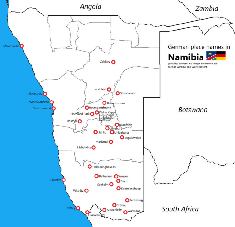Karte von Namibia zeigt heutige deutsche Ortsnamen von Ortschaften in