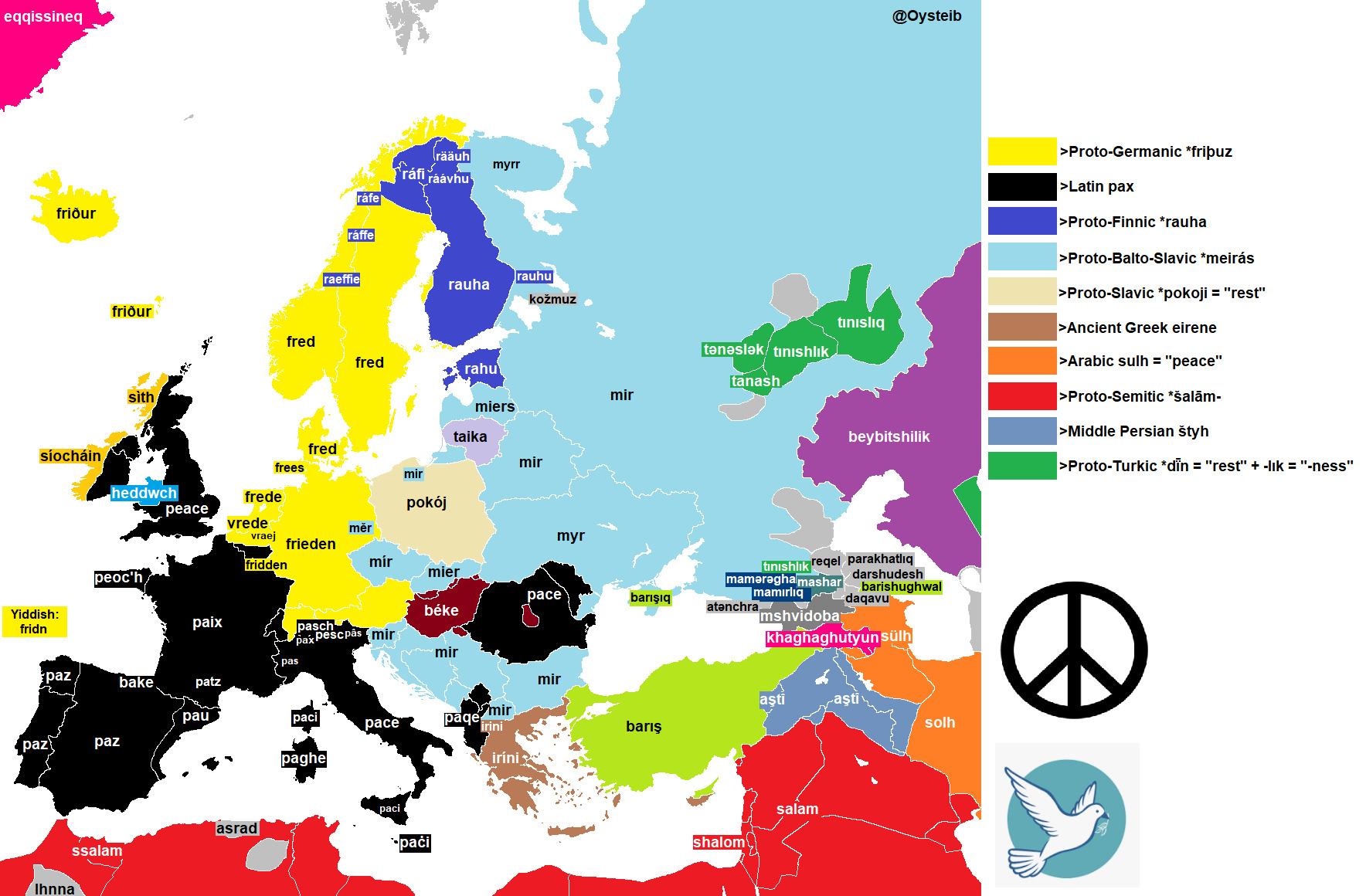 Read more about the article Europakarte zeigt was „Frieden“ in den einzelnen Sprachen heißt – „Mir“ hieß nicht nur die Raumstation  und Militärkarten in der Sowjetunion. Das arabische Salam ähnelt dem hebräischen Schalom.