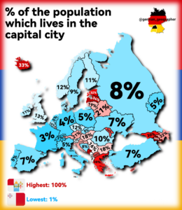 Read more about the article Europakarte zeigt wie viele Menschen in der jeweiligen Hauptstadt eines Landes leben. Je kleiner das Land desto mehr leben die Menschen hauptsächlich in der Hauptstadt.