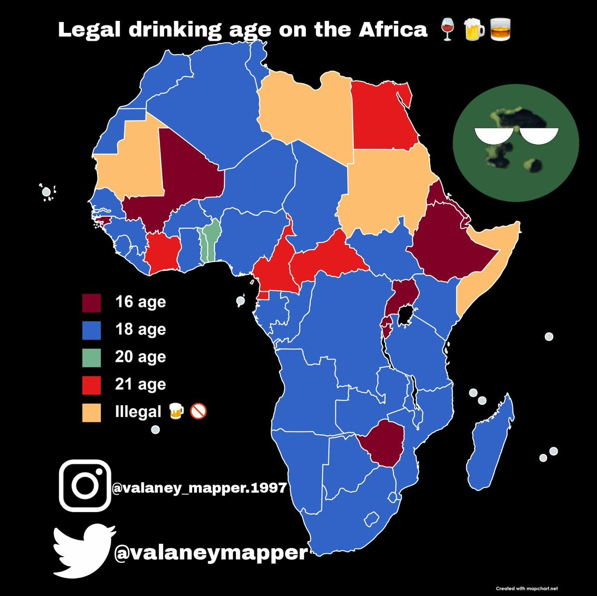 Read more about the article Afrikakarte zeigt ab wann oder wo es verboten ist, Alkohol zu trinken – Mauretanien, Libyen, Sudan und Somalia ist Alkohol verboten. Ab 18 in 2/3 aller Länder erlaubt.