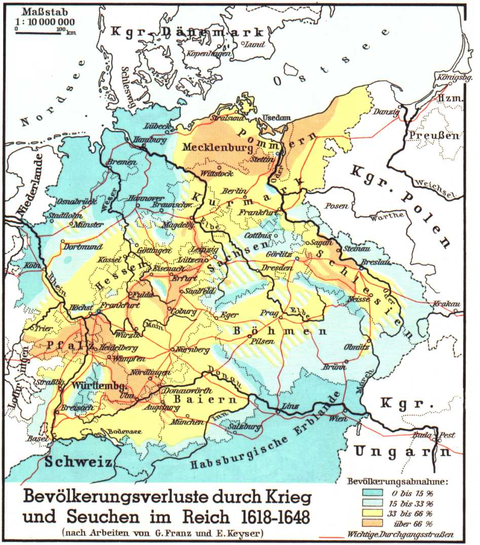 Read more about the article Deutschlandkarte zeigt den dramatischen Bevölkerungsrückgang durch den 30 Jährigen Krieg und Seuchen aus der Zeit (1618-1648) – Viele Gebiete in Mecklenburg, Thüringen und Pfalz starben fast aus!