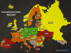 Read more about the article Europakarte zeigt EU Arbeitslosenquote (Mai 2023) –  Deutschland, Polen und Tschechien mit niedrigen Quoten. Spanien, Griechenland und die im Krieg befindliche Ukraine weit über 10%.