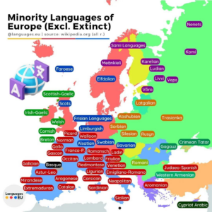 Read more about the article Europakarte der Minderheitensprachen – Frisisch, Schwäbisch, Bayrisch werden hier dazu gezählt. Karte ist auf Englisch!