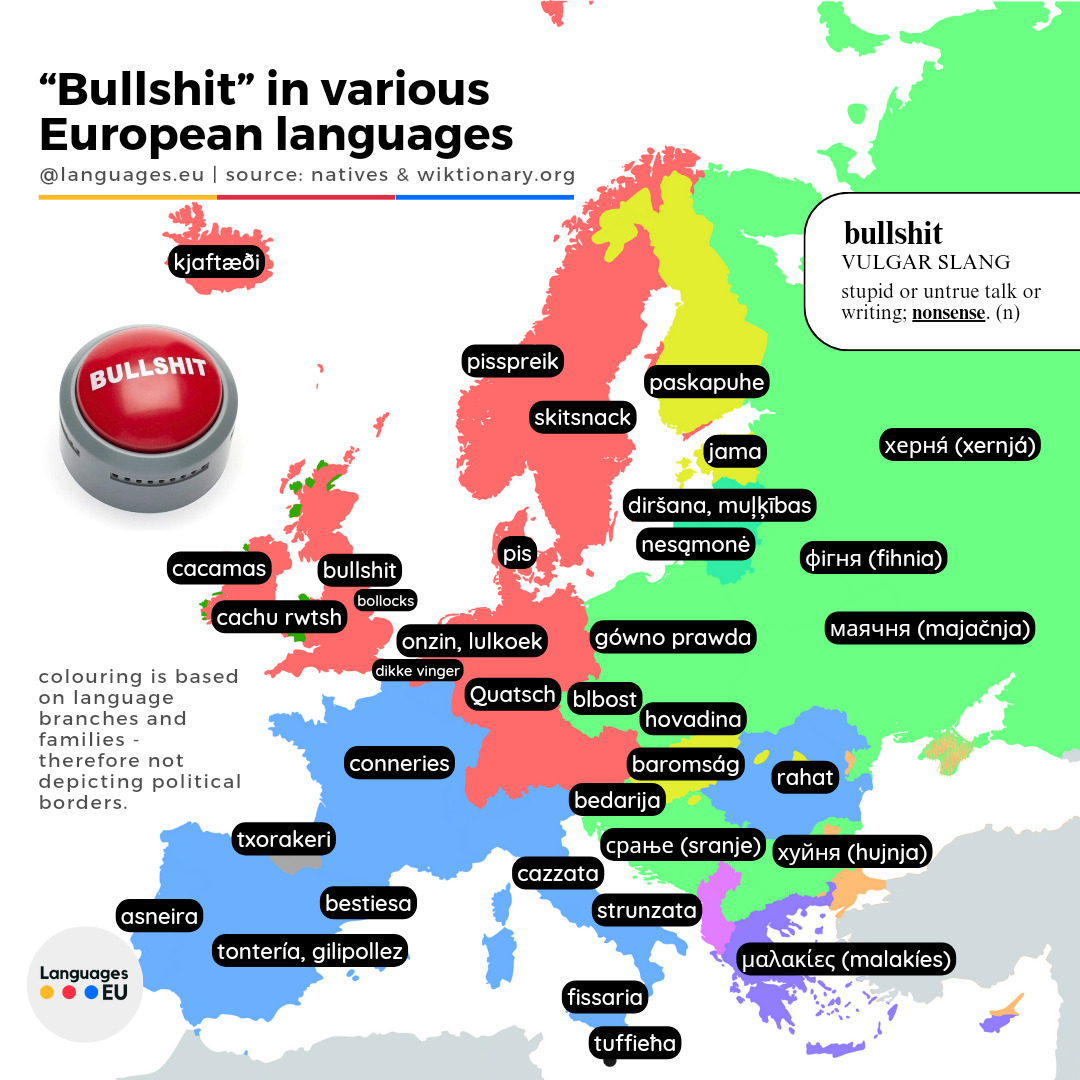Read more about the article Das englische Schimpfwort „Bullshit“ in verschiedenen europäischen Sprachen. So ein Quatsch, Pisspreik, Bibost oder sonst wie.