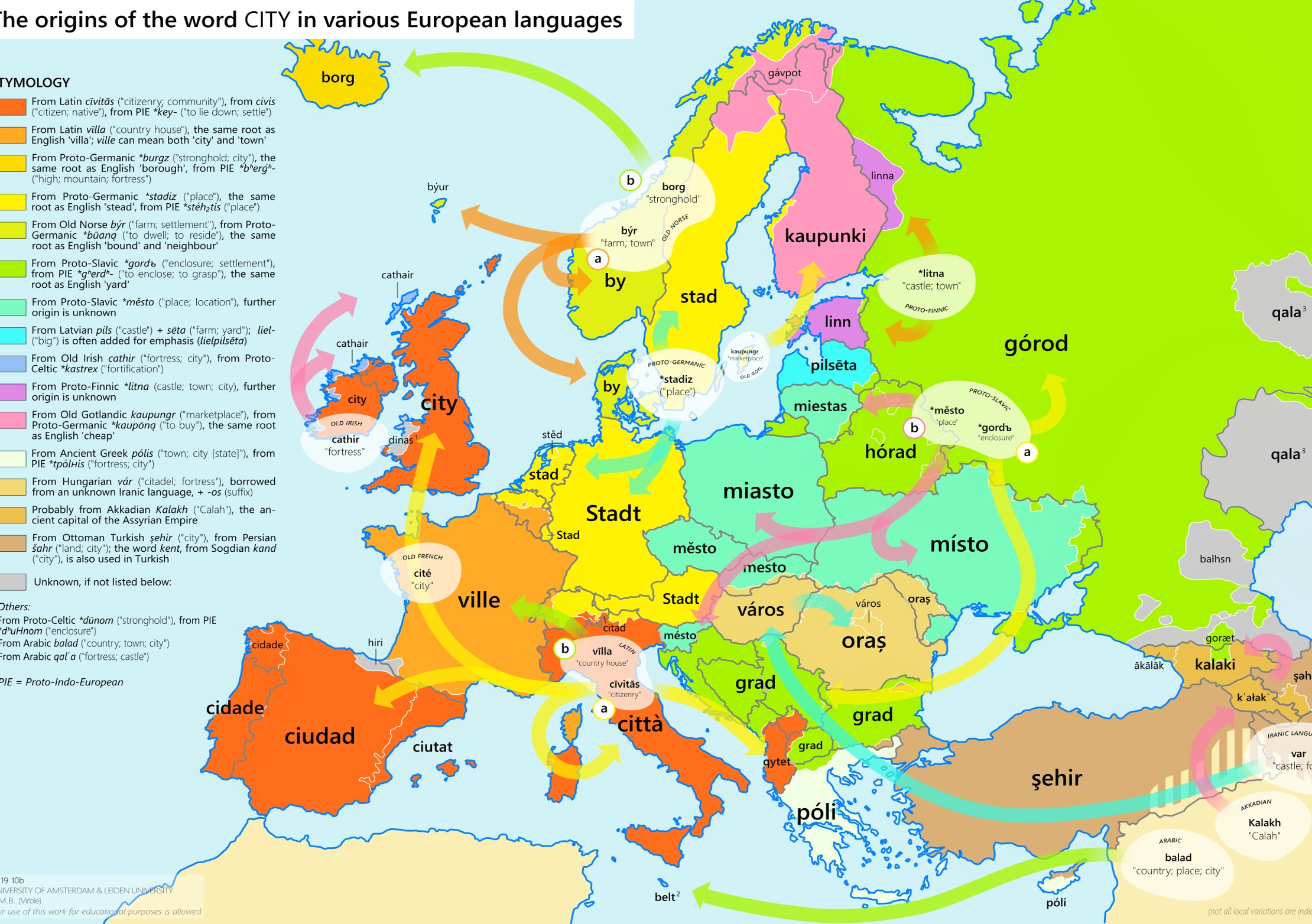 Read more about the article Europakarte zeigt die Regionen wie diese das Wort „Stadt“ übersetzen – Ville (FR), City (UK) und Miasto (PL) hat man schon mal gehört. – Borg (Island) und Kaupunki (Finnland) hören sich lustig an.