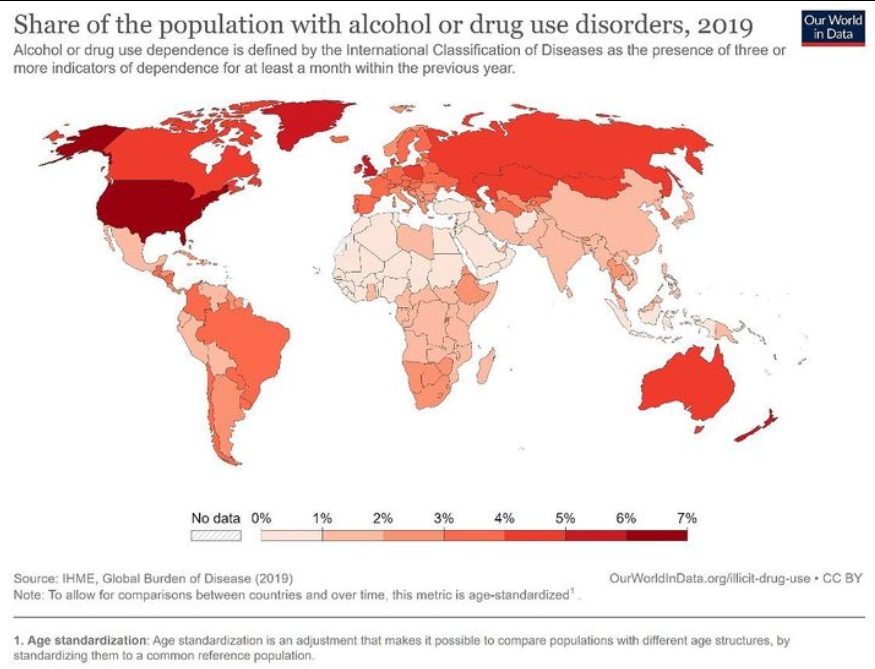 Read more about the article Weltkarte zeigt den wie Teil der Bevölkerung eines Landes was zu viel Alkohol und Drogen konsumiert. USA, Großbritannien, Russland, Kanada, Australien und Neuseeland mit massiven Problemen.