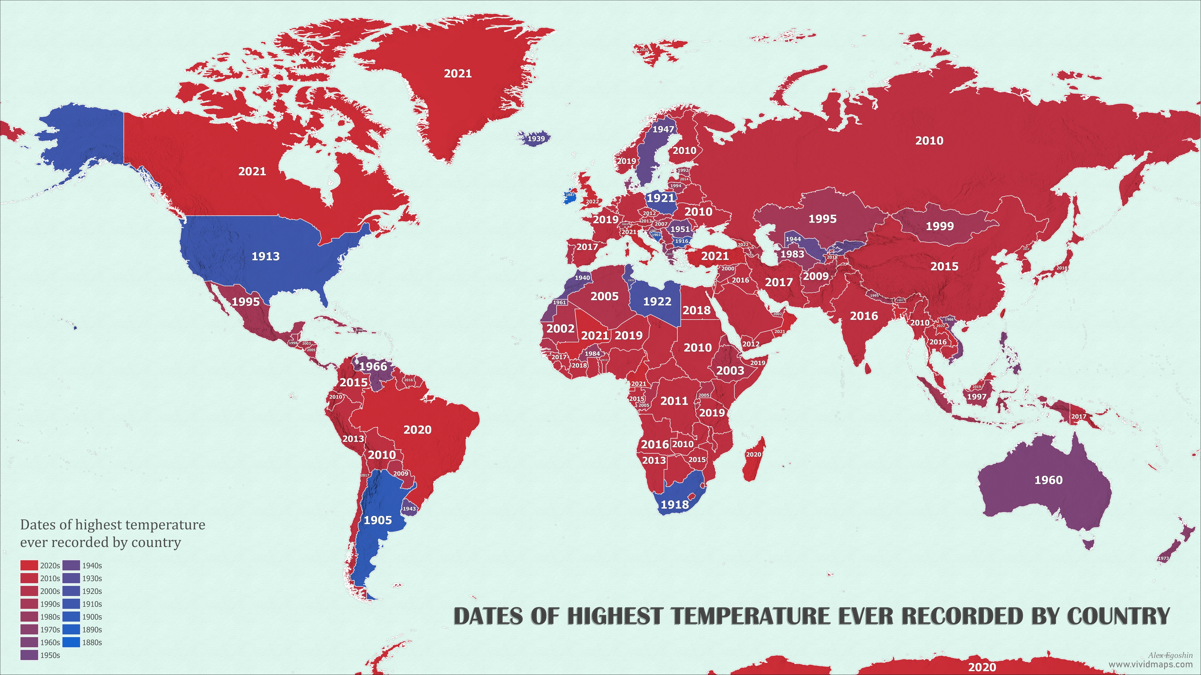 Read more about the article Weltkarte zeigt das Jahr an mit der höchsten Temperatur eines Landes – Die meisten Länder haben zwischen 2010 und 2021 neue Höchsttemperaturen erreicht. In den USA (1913), Australien (1960) sowie Schweden (1947) fällt dabei auf.