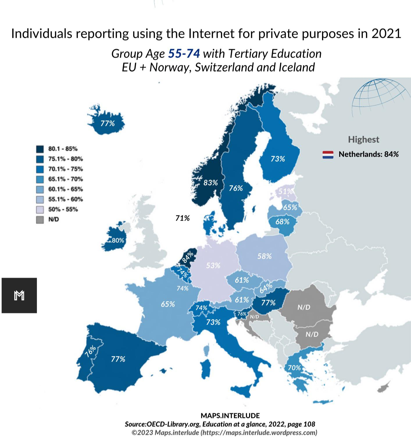 Read more about the article Europakarte zeigt Menschen ab 55 sind vor allen in Deutschland, Polen und Estland seltener im Internet.