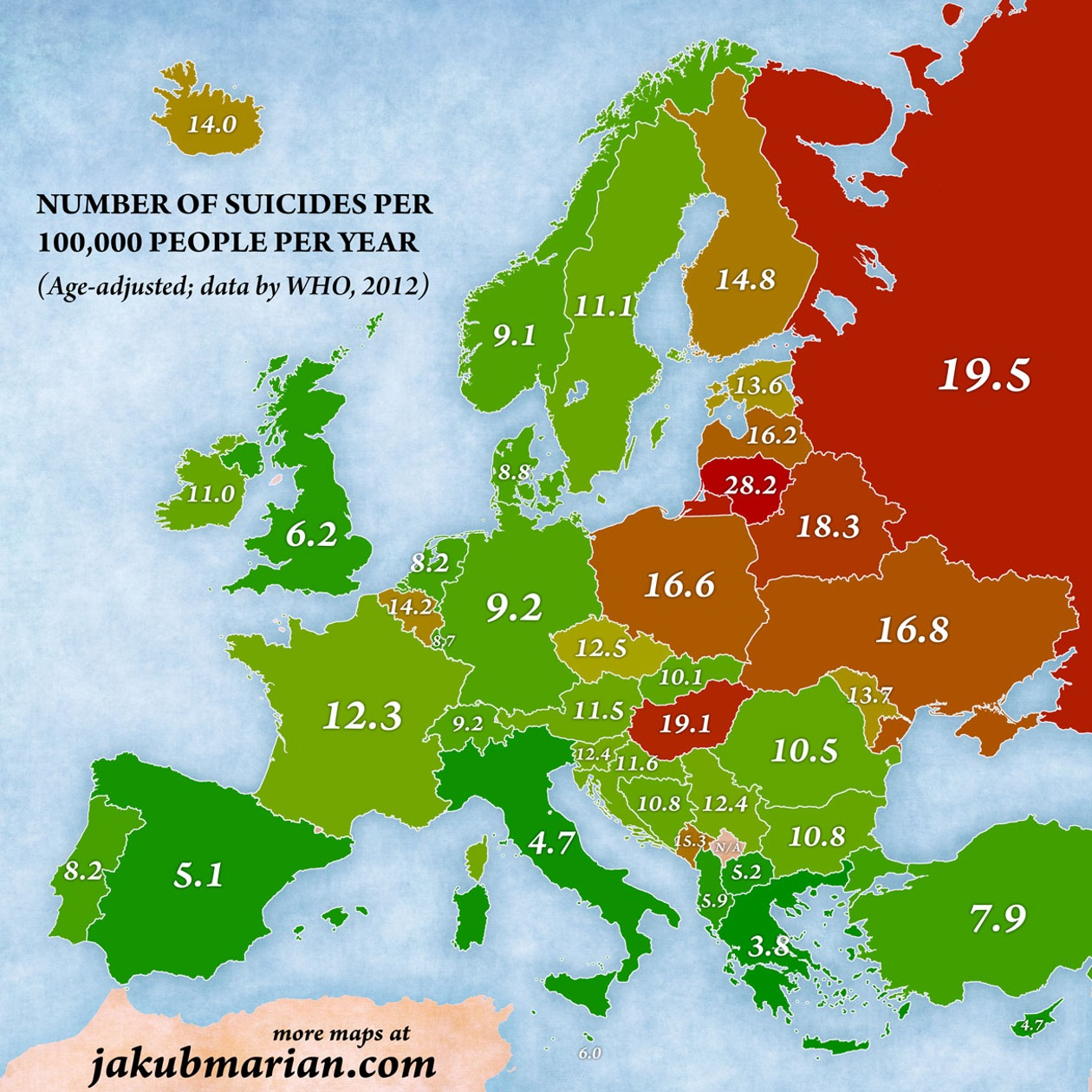 Read more about the article Europakarte zeigt Selbstmordrate in Europa – Russland, Belarus, Ungarn und vor allen Litauen nehmen sich viele Menschen das Leben.