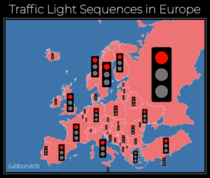 Read more about the article Europakarte zeigt die Ampelzeichenunterschiede in Europäischenn Ländern. Jeder macht es quasi anders.