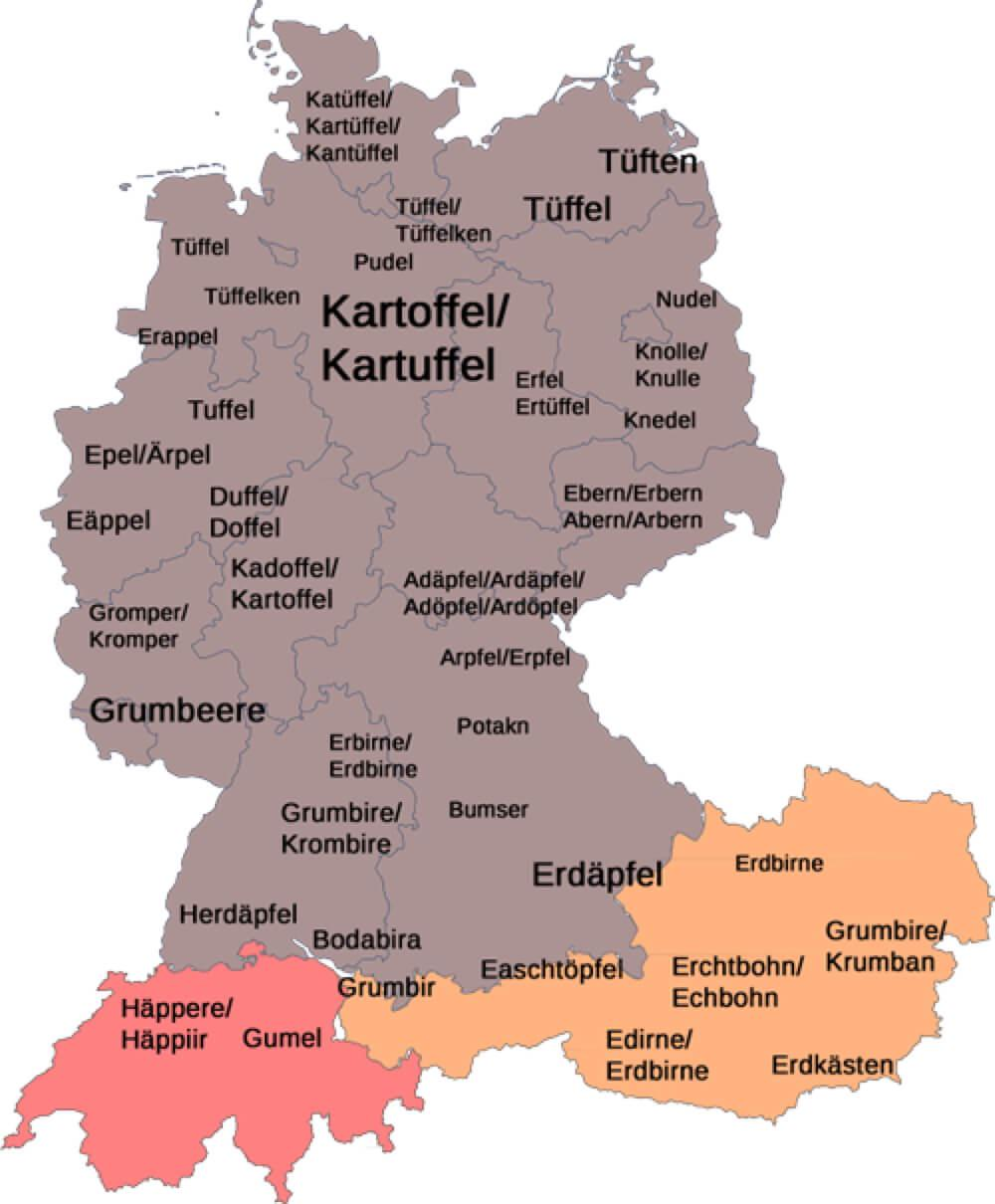 Read more about the article Deutschlandkarte: Kartoffeln in Deutschland – Komm wir essen Tüffel, Eäppel, Grumbeeren, Arpfel oder doch ne Runde Bumser mit Ketchup. Erdbirnen kommen aus Österreich.