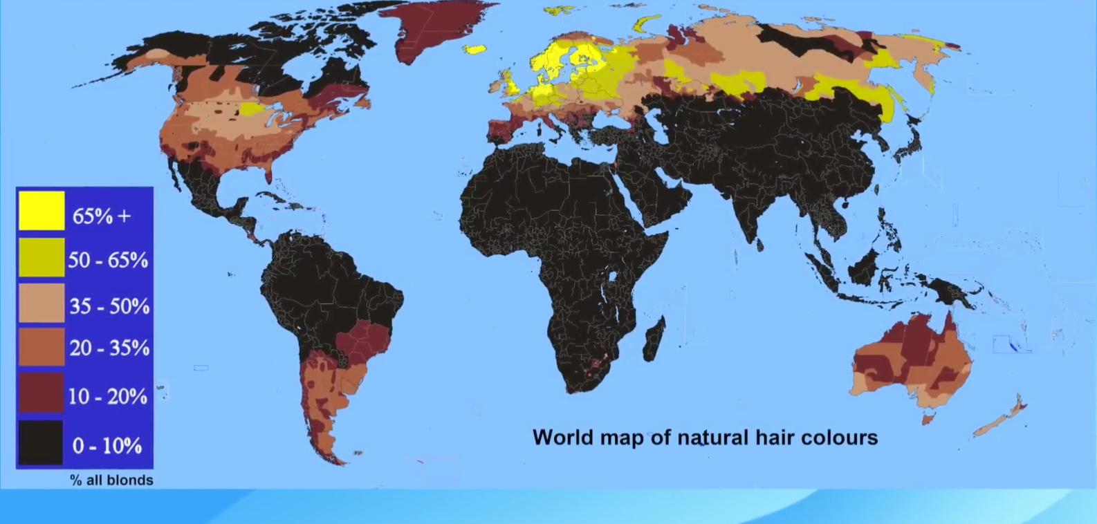 Read more about the article Weltkarte der natürlichen Haarfarbe – Blonde nur in Nordeuropa und auch nur eine Rarität. – Auch in Russland gibt es viele Blondinnen.