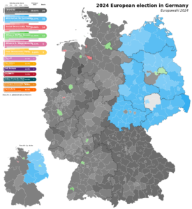 Read more about the article Deutschlandkarte zur Europawahl 2024 – Grün dominiert Berlin, AfD ganz Ostdeutschland, Grün ein paar Städte in Westdeutschland und CDU in fast Westdeutschland bis auf Bremen und Emden.