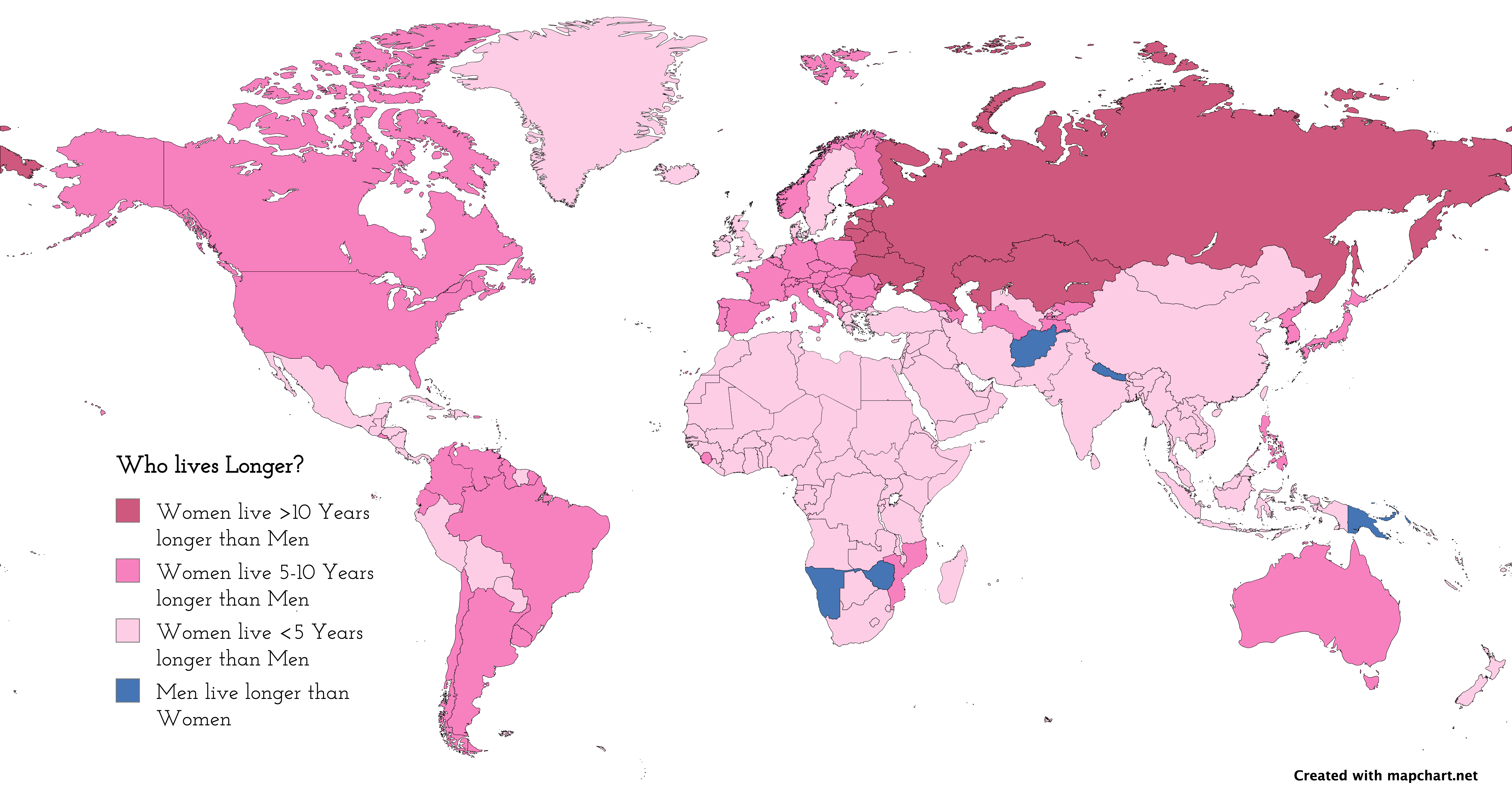 Read more about the article Weltkarte zeigt wer wo am längsten lebt. Frauen oder Männer. – Frauen leben generell länger. Vor allen in Industrieländer. Nur Afghanistan, Papua-Neuguinea, Nepal, Namibia und Simbabwe sind Männerländer.
