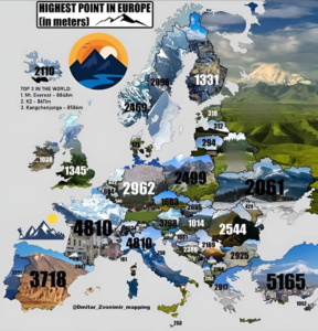 Read more about the article Europakarte zeigt die höchsten Punkte eines Landes – In vielen Ländern sind es kleine Hügel für den Sonntagsspaziergang. In Frankreich und der Türkei gehts halb hoch zum Mount Everest.