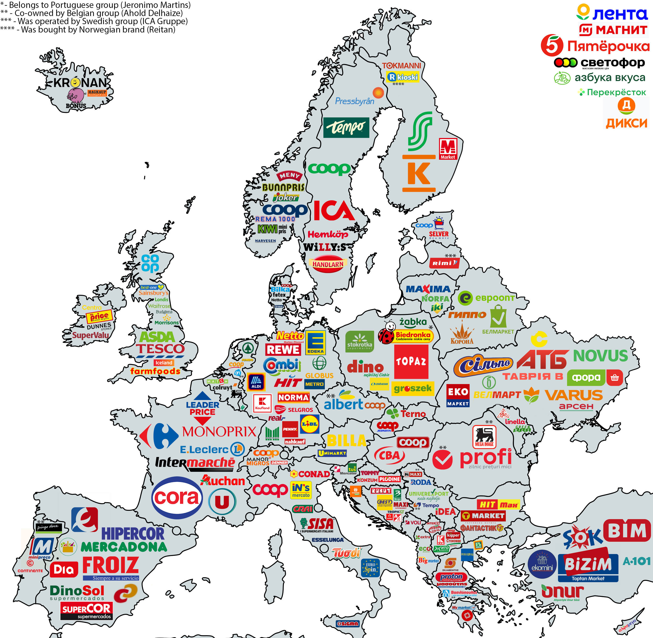 Read more about the article Europakarte der Supermärkte – Wer kennt nicht nur die deutschen Ketten, wie Netto, ALDI, Hit, Norma, Lidl und andere?
