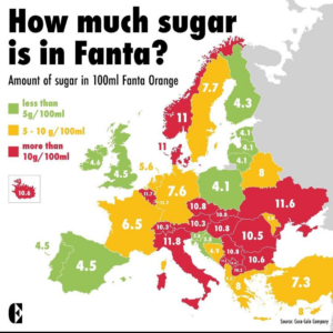 Read more about the article Europakarte zeigt die Unterschiede von Fanta beim Zucker. Je Land völlig unterschiedlich. Südosteuropa hat generell viel Zucker in der Fanta.