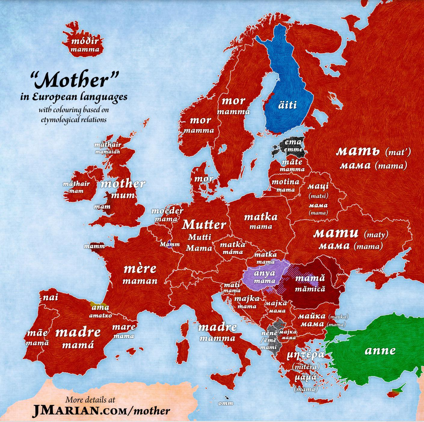 Read more about the article Europakarte zeigt wie man Mutter in den einzelnen Ländern und Sprachen sagt. – Mutter und Mama sagt man nicht überall. Mor, Äiti, Ema, Anne und Nai kann sie auch heißen.